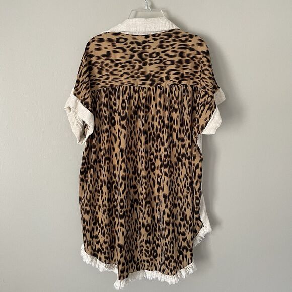 Umgee Size S Oversized Button Peplum Mixed Linen Blend Shirt Animal Print - Picture 6 of 7